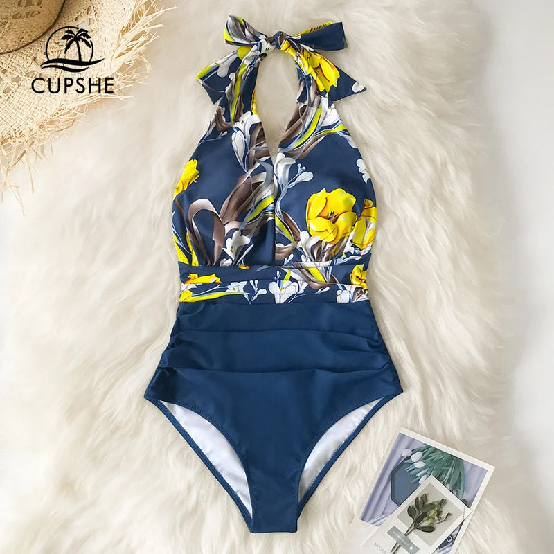 CUPSHE Deep V-neck Halter One-Piece Swimsuit For Women Sexy Backless Lace Up Monokini Beachwear 2023 Bathing Suits Swimwear