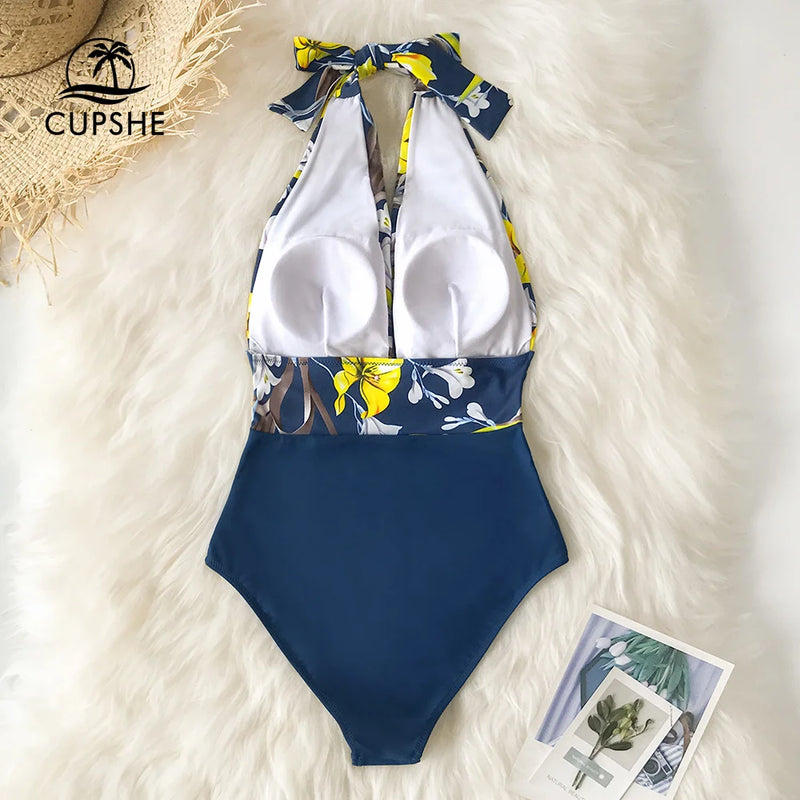 CUPSHE Deep V-neck Halter One-Piece Swimsuit For Women Sexy Backless Lace Up Monokini Beachwear 2023 Bathing Suits Swimwear